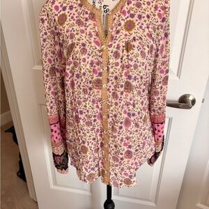 Spell Cream and Pink Floral Button-Front Blouse Medium EC FINAL PRICE